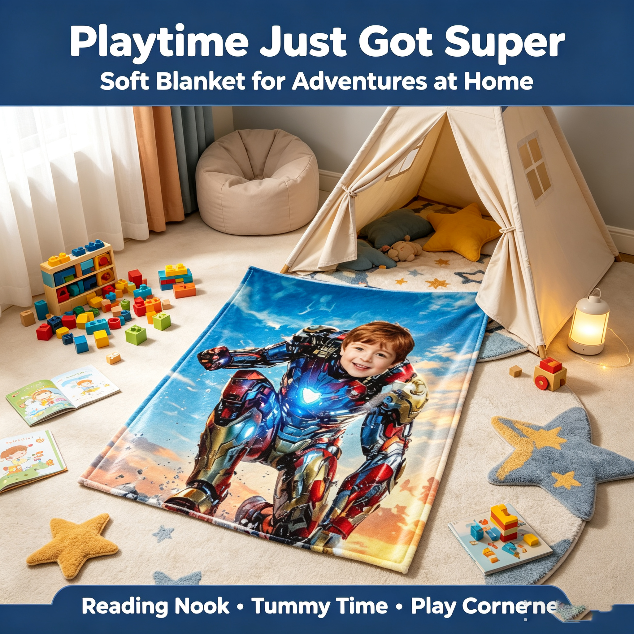 Customized Superhero Iron Man Flannel Throw Blanket With Kid Photo, Personalized Upload Picture Blanket, Birthday Xmas Present for Little Boys Bedroom Sofa Travel
