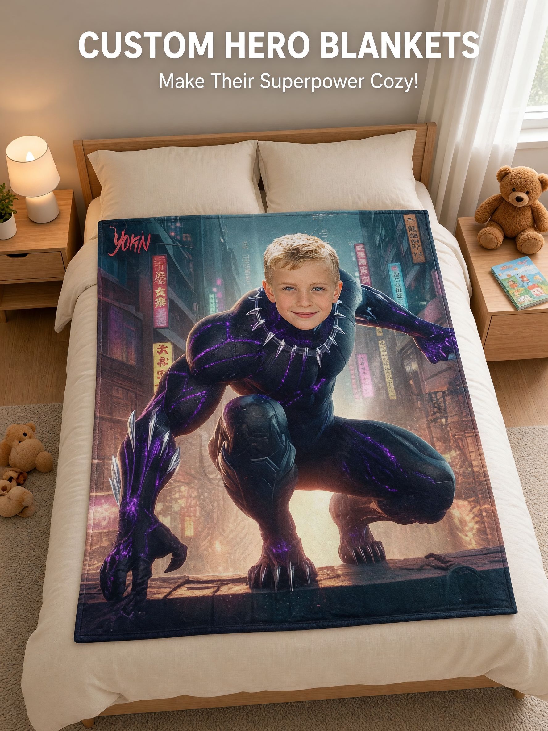 Custom Photo Superhero Flannel Fleece Blanket Ultra Soft Anti Pilling Throw Personalized Face Bed Couch Gift