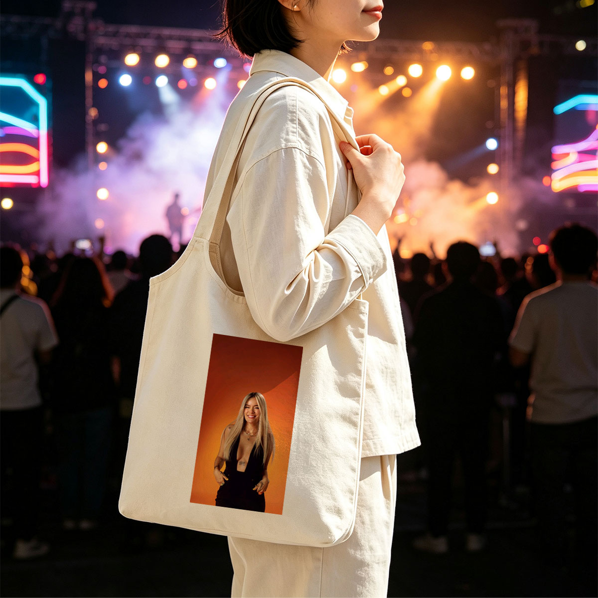 Bebe Rexha in a Bold Black Outfit Against a Vibrant Orange Background, Smiling with Confidence - Canvas shoulder bags/