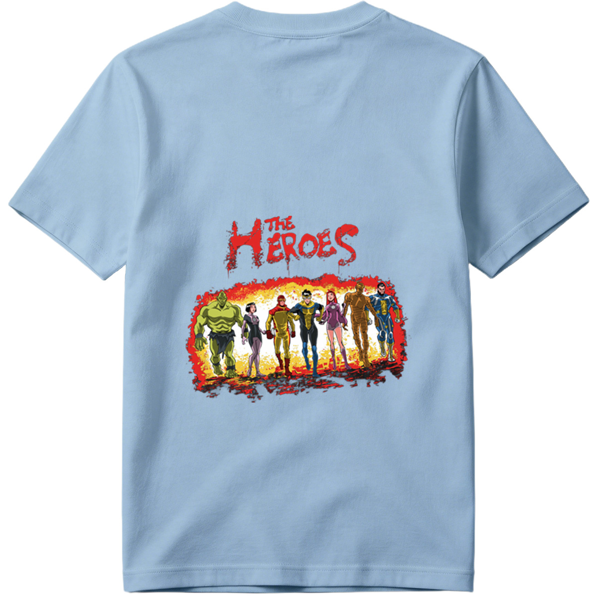The Heroes: Green Hulk, Black Widow, Red Ranger, Blue Avenger, Pink Warrior, Golden Titan, and Blue Sentinel - Tee