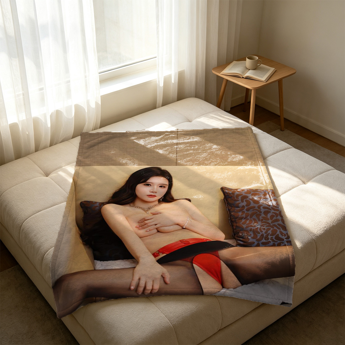 Two Celebrities in Office Attire Kissing on Cowhide Rug - Blanket