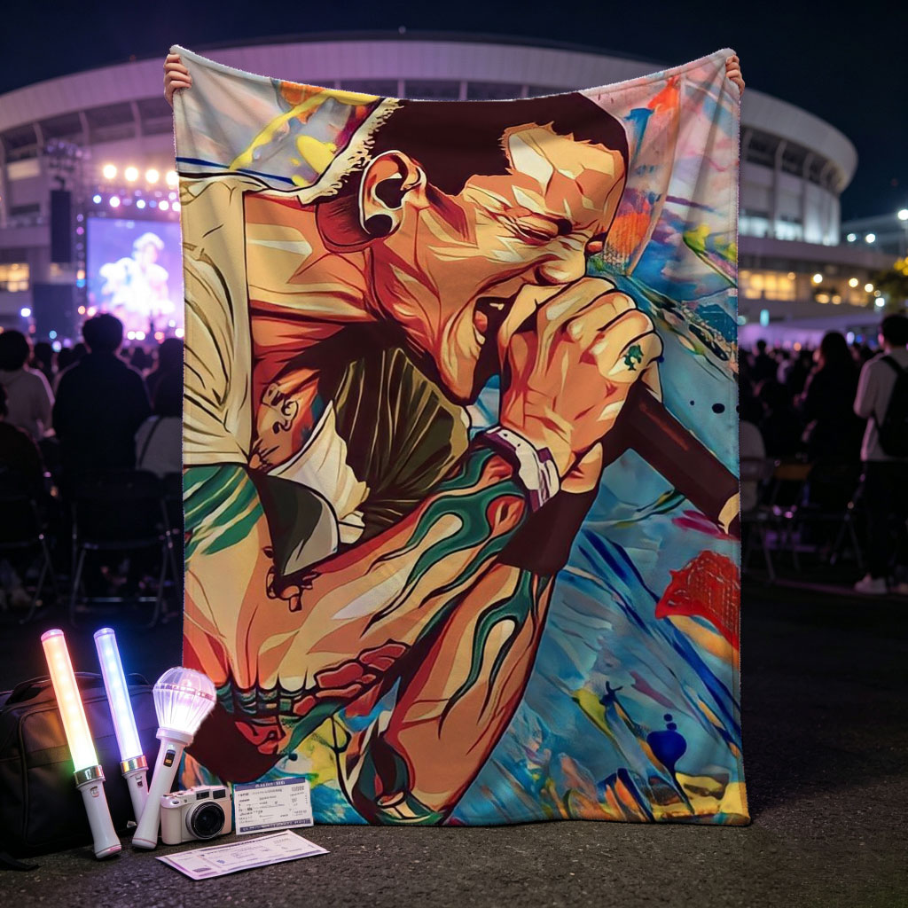 Chris Brown Singing into Microphone in Vibrant Abstract Art Style - Blankets
