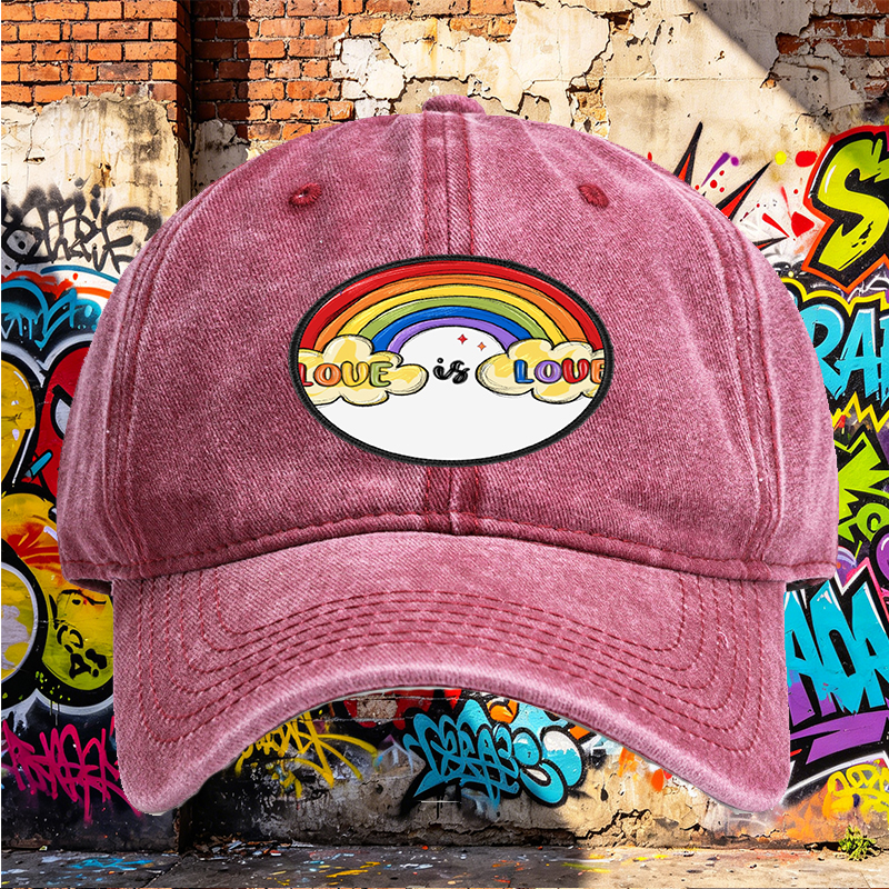 Unisex Classic Washed Hat with Rainbow Love is Love Print | Casual Streetwear Cap for LGBTQ+ Pride & Everyday Wear | Perfect for Adults Seeking Inclusive Fashion Statements