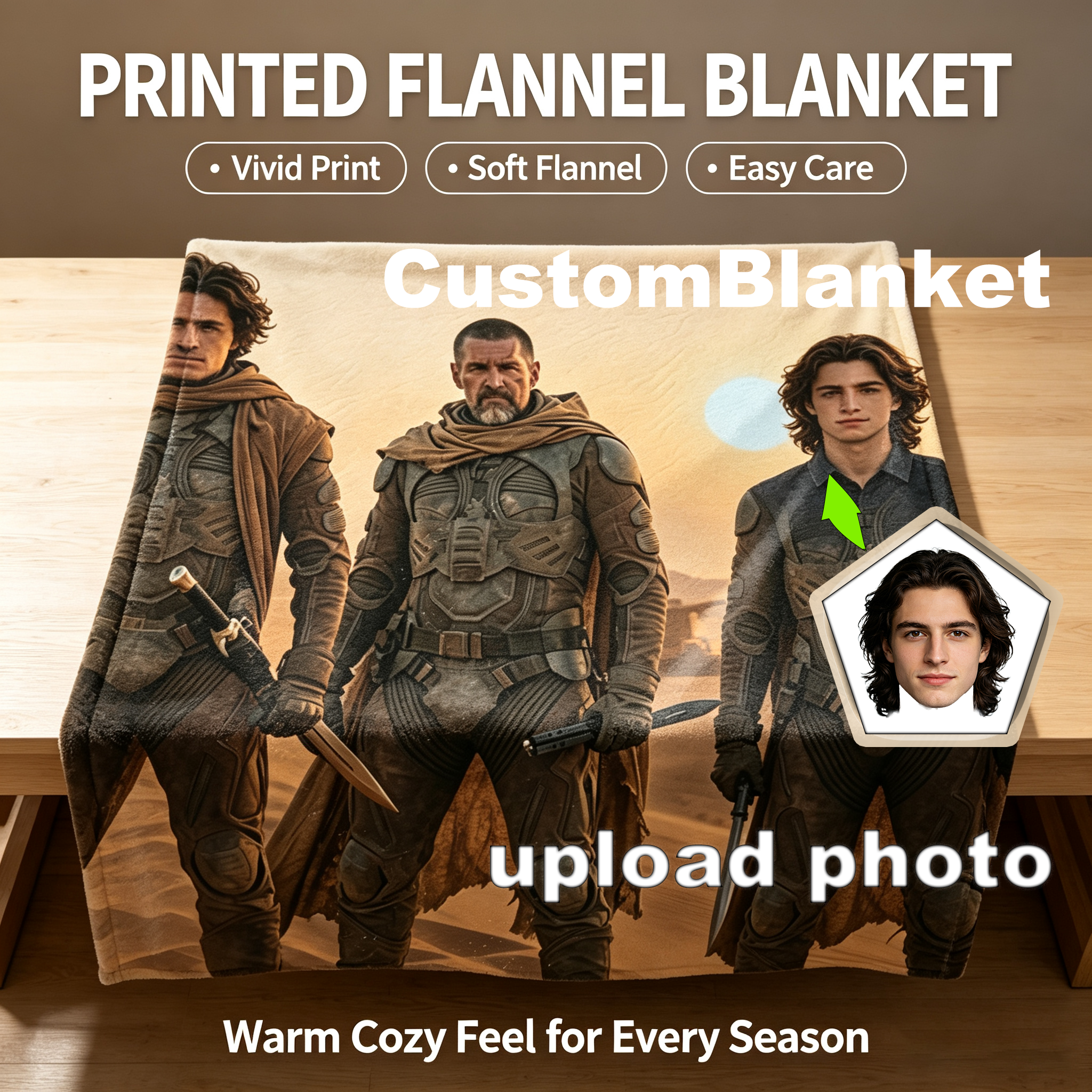 Custom Face Blanket Dune Movie Characters Flannel Blanket Desert Adventure Theme Cozy Bedding Gift for Fans and Collectors