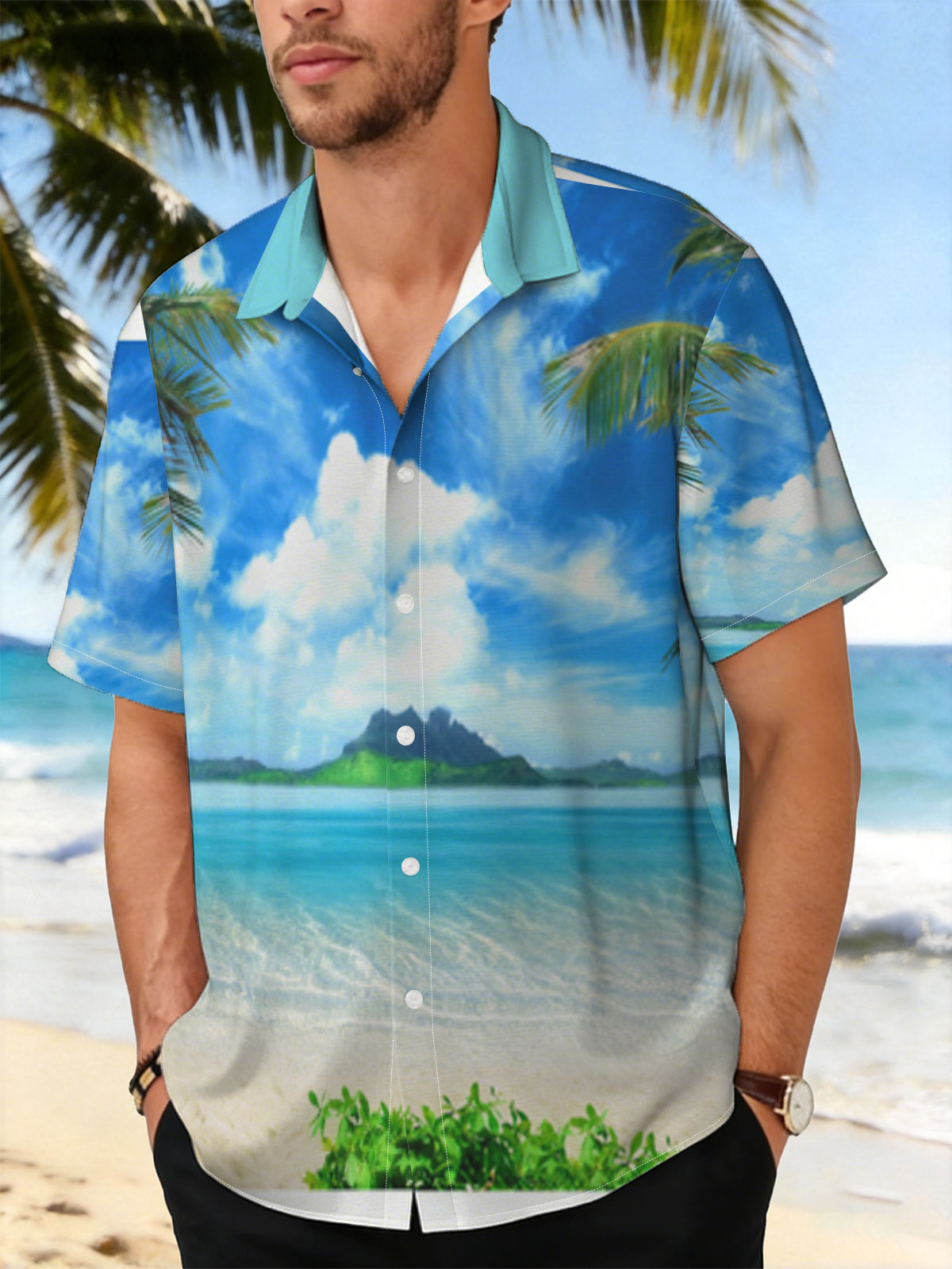 Tropical Beach with Crystal Clear Water and Lush Greenery -  Shirt