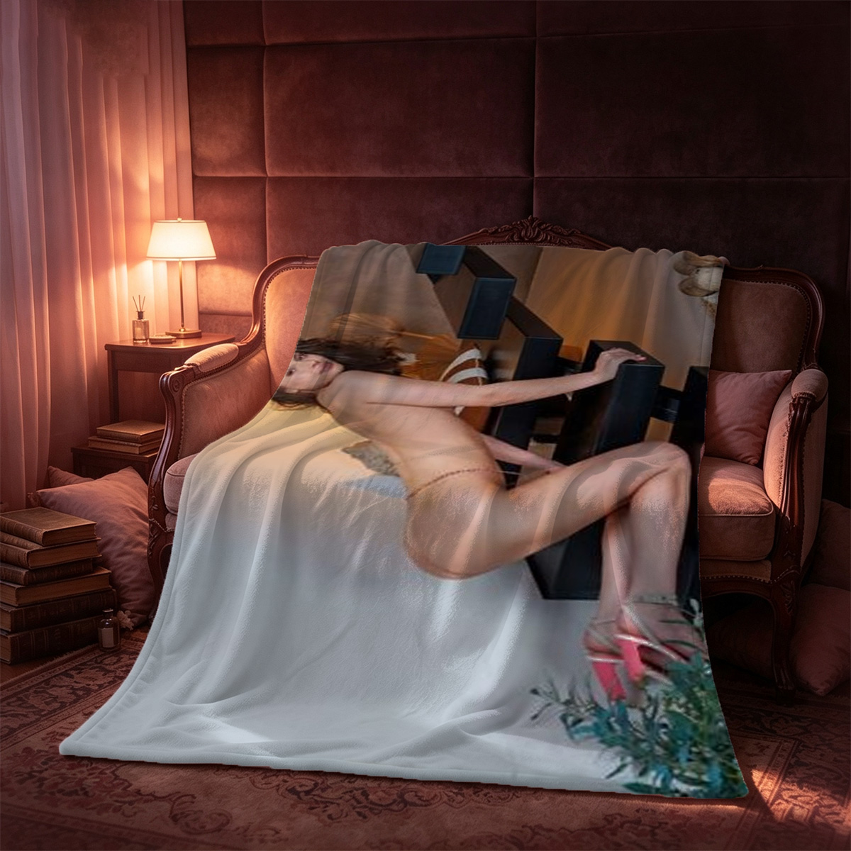 Blonde in black sheer lingerie writing on couch - Blanket