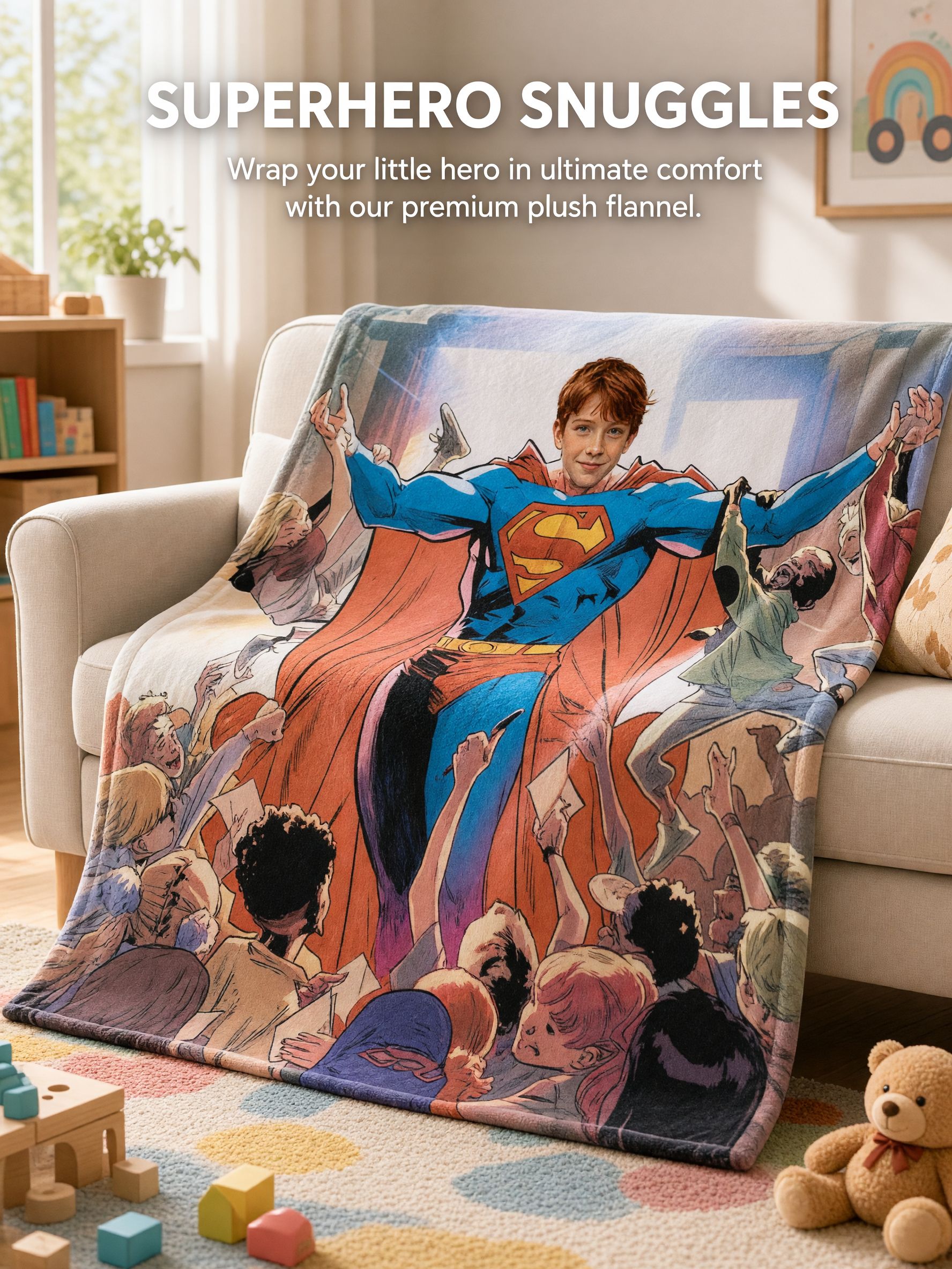 Custom Photo Face Superhero Blanket Soft Velvet Flannel Throw Personalized Comic Keepsake Gift for Kids and Adults