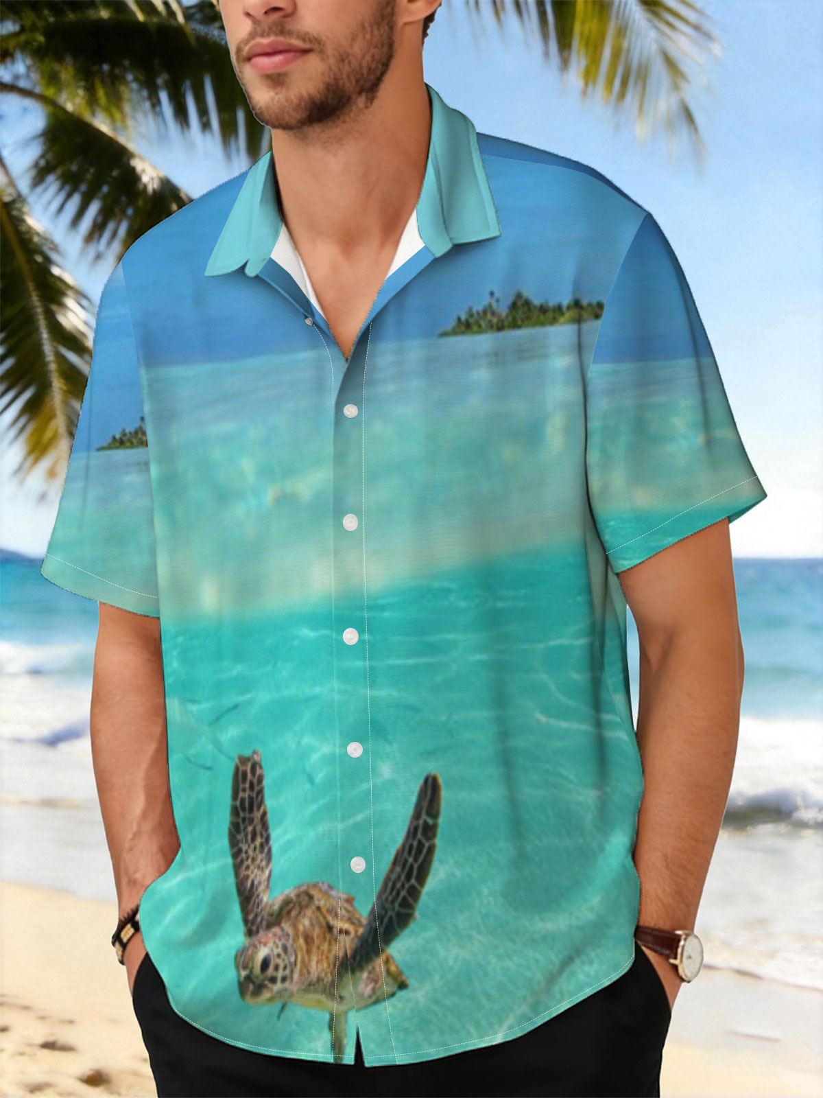 Sea turtle swims in crystal-clear turquoise waters near a tropical island. -  Shirt