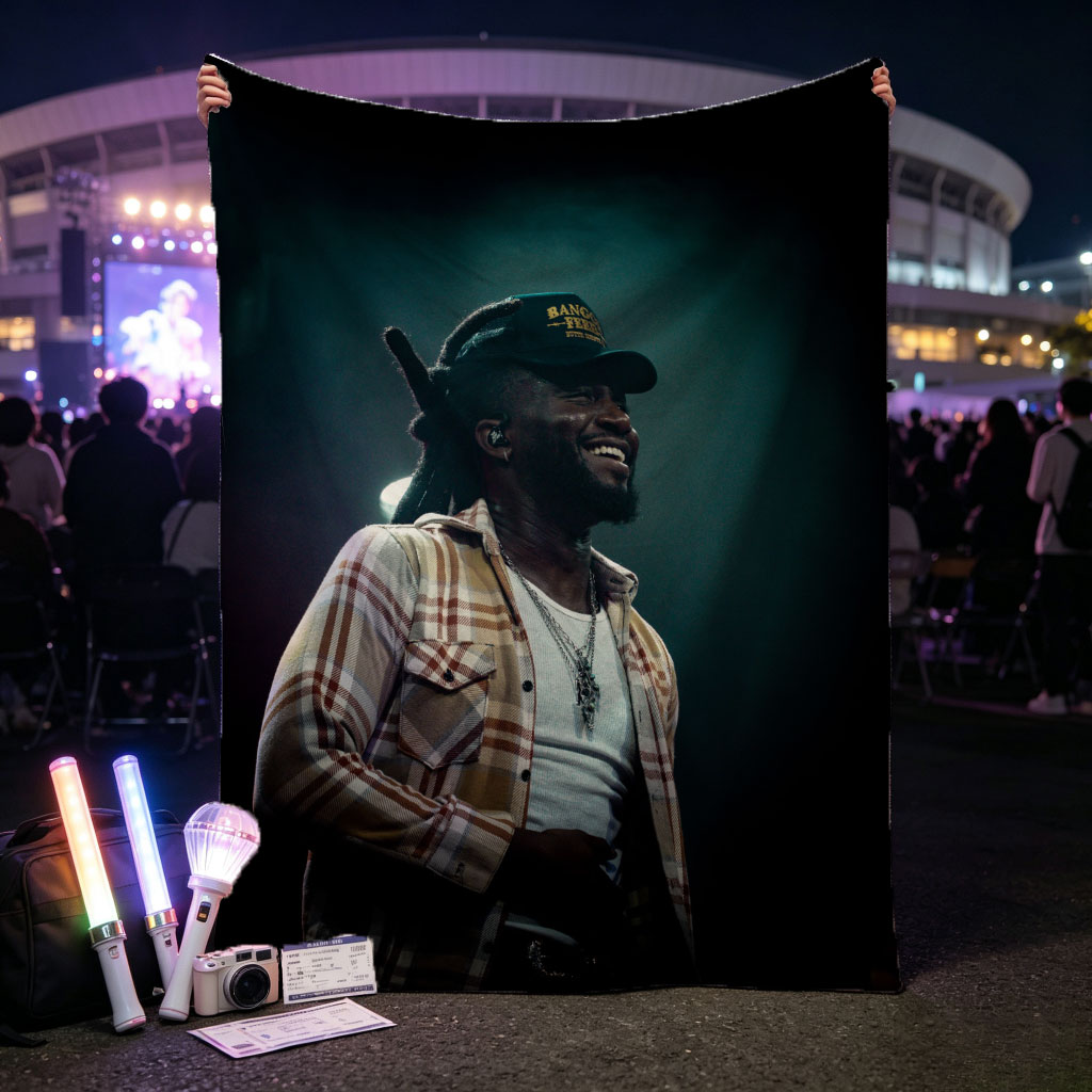 Burna Boy on Stage Performing with a Smile in a Plaid Shirt and Cap - Blankets