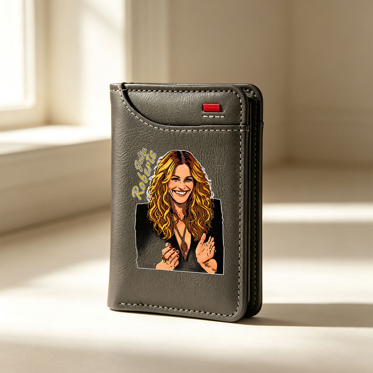 Julia Roberts Portrait: Vibrant Cartoon Style with Long Curly Hair and Warm Smile - Vertical Style Wallet