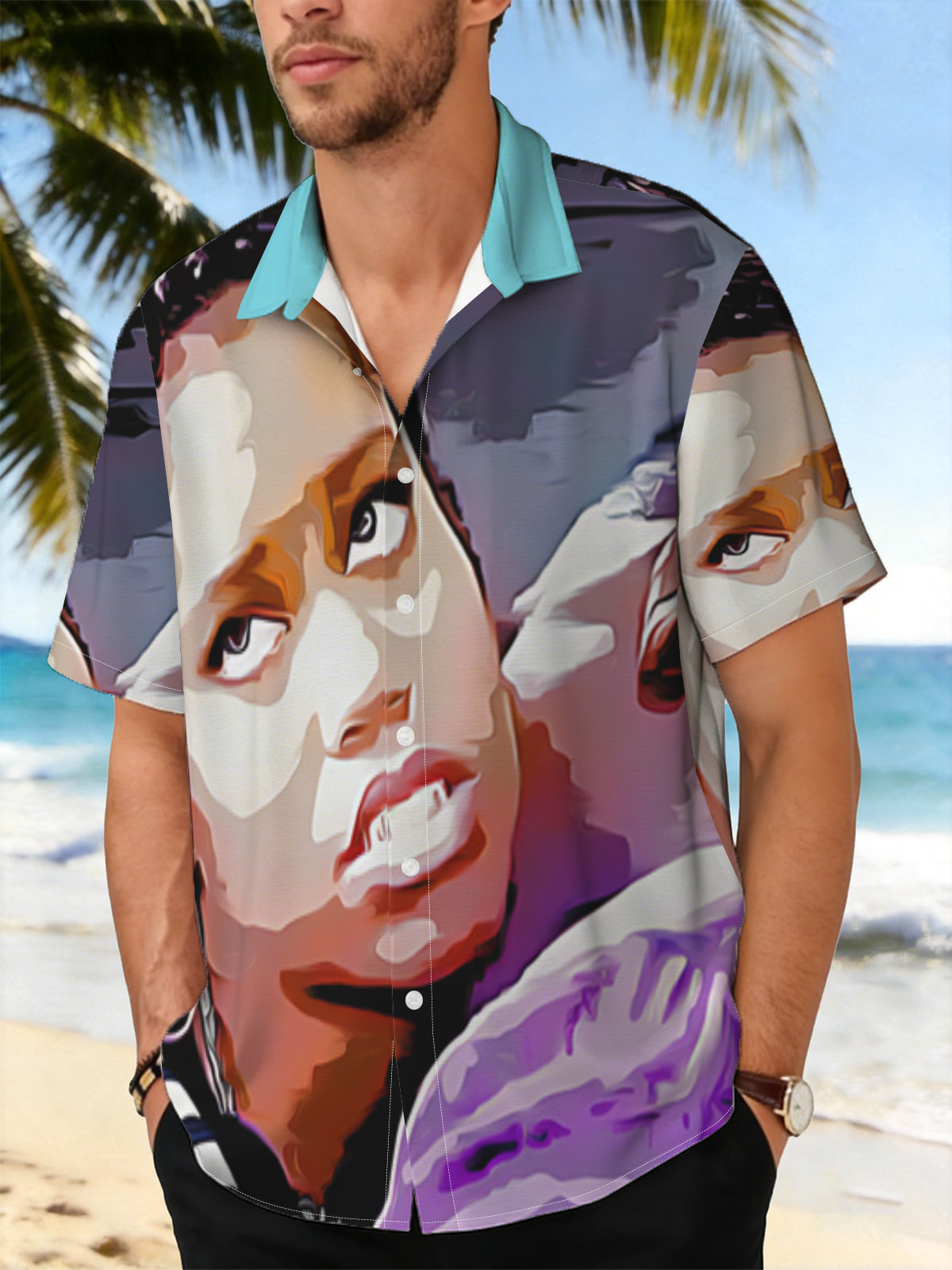 Woman with Braids and Hoop Earrings in Striped Shirt, Man in Purple Shirt with Tattooed Back -  Shirt