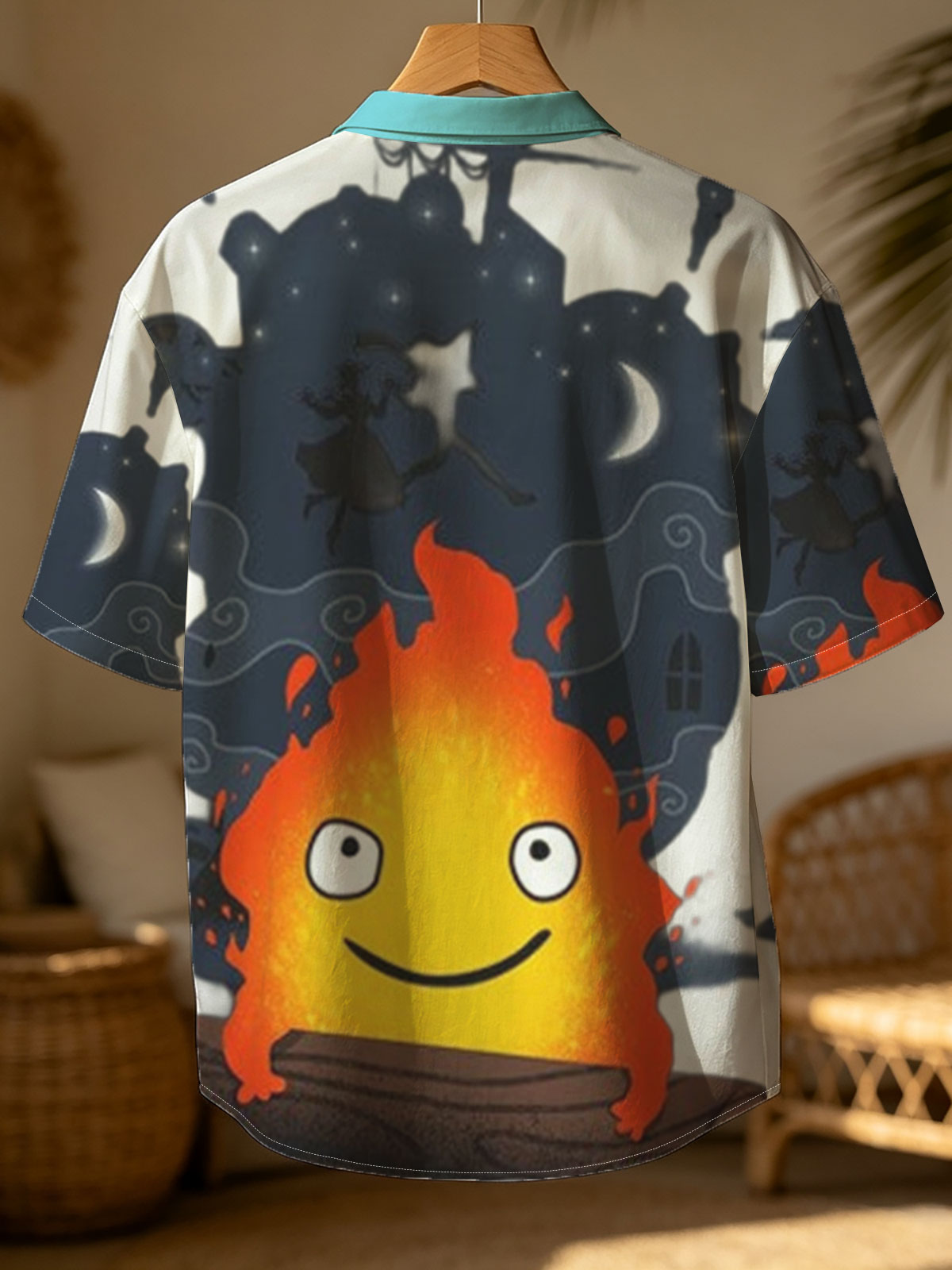 Cute Flame Character with Night Sky and Witch Silhouette Background -  Shirt