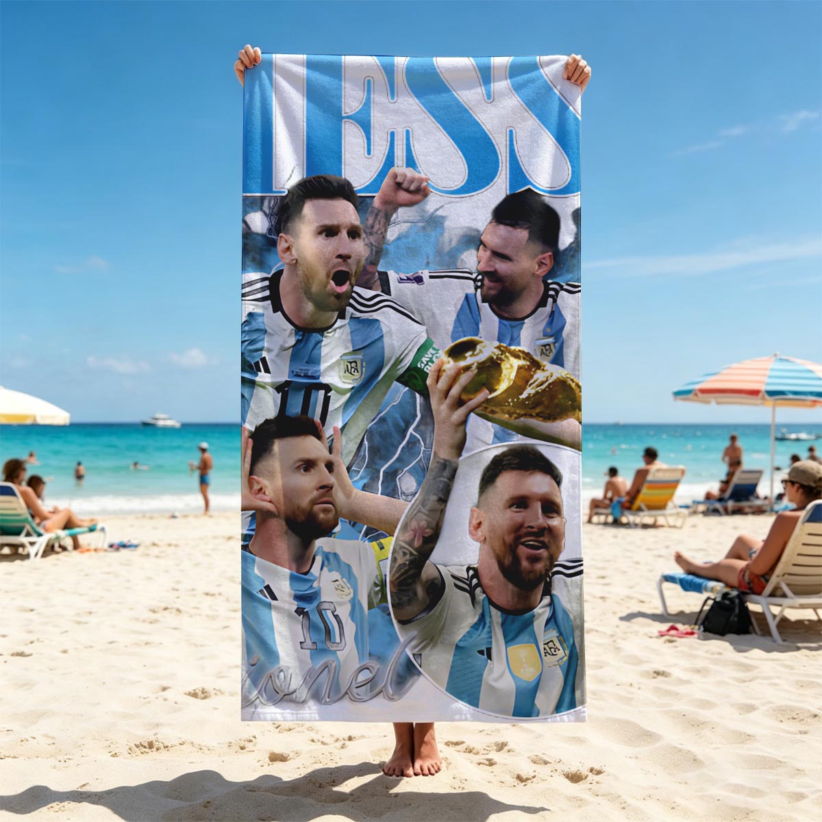 Lionel Messi Celebrates Argentina's Victory with the World Cup Trophy - Beach towels