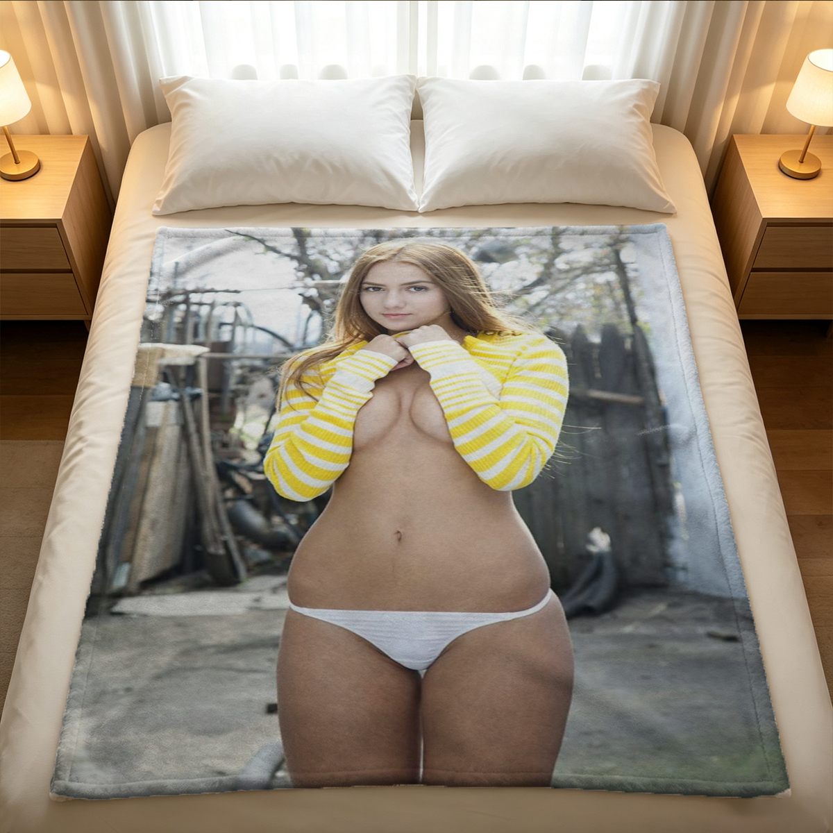 Blonde in White Lingerie Bent Over Couch in Living Room - Blanket