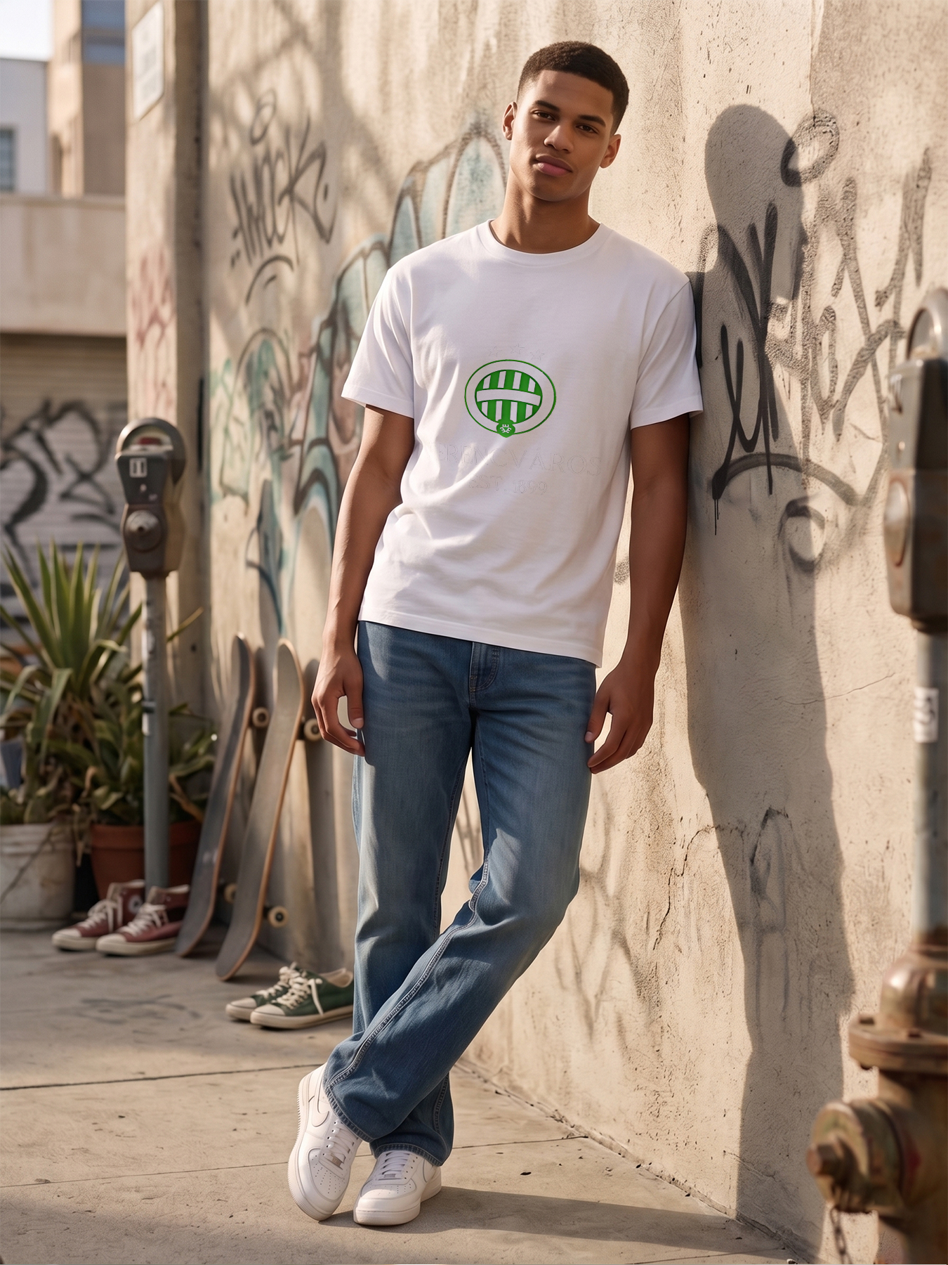 Men's Ferencvaros FC Logo Print T-Shirt Green White Crest Design Casual Round Neck Lightweight Breathable Summer Short Sleeve Tee for Football Fans and Sports Enthusiasts