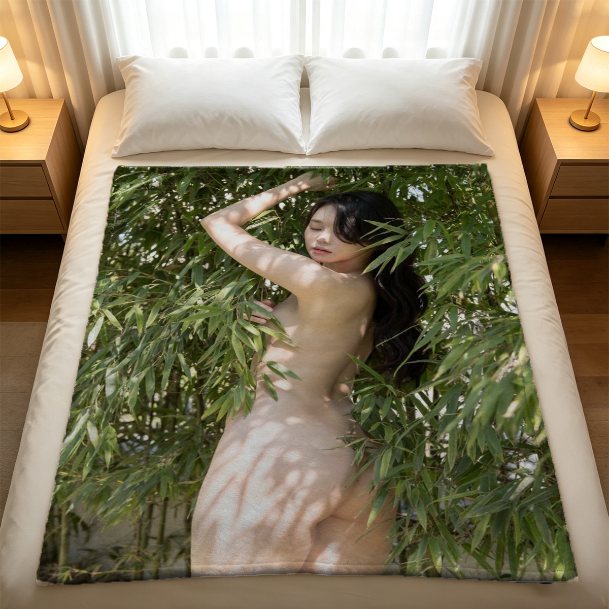 Nude Asian woman with long black hair sitting topless on bed in white panties and sheer cloth. - Blanket