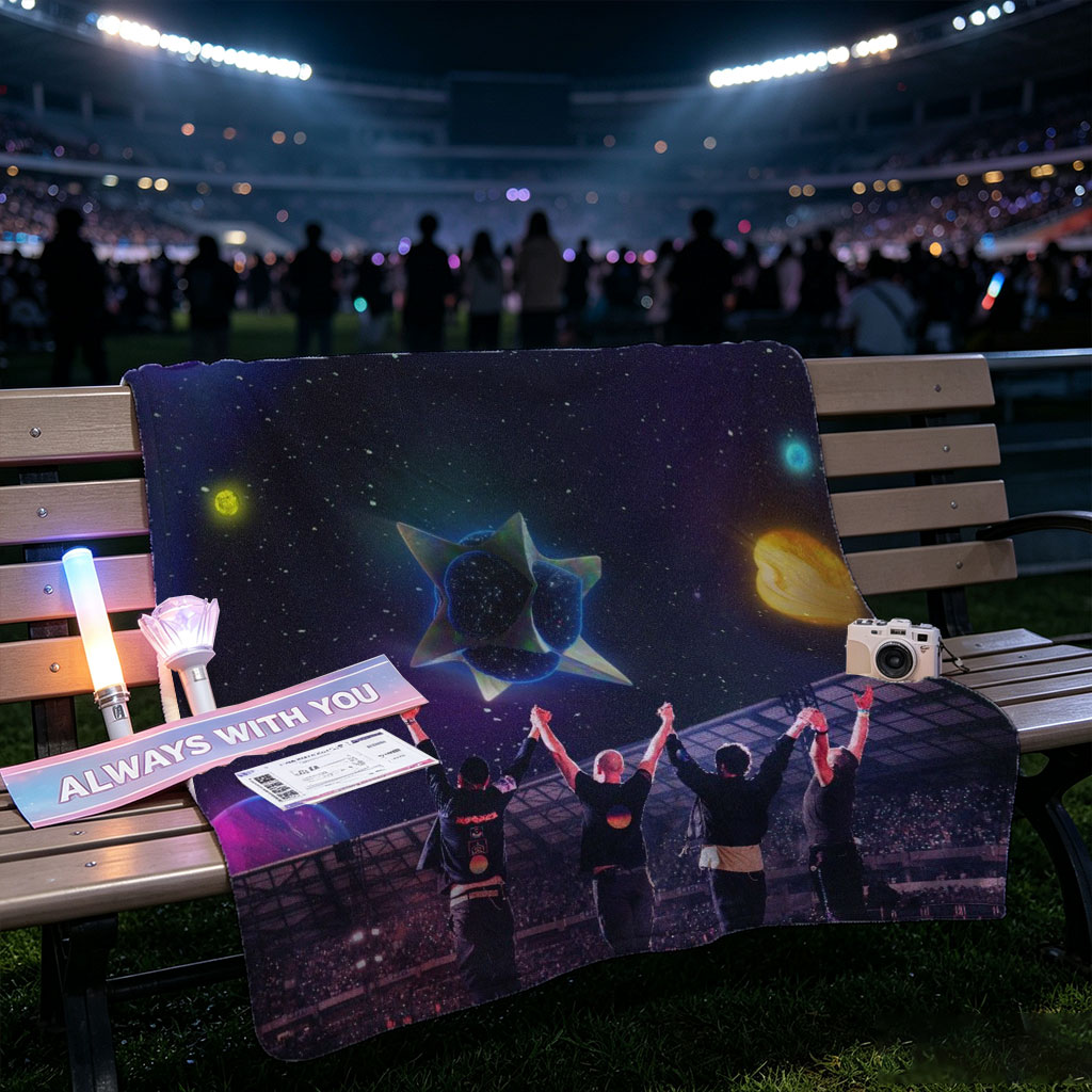 Coldplay Live Performance in a Cosmic Stadium with Vibrant Planets and Starry Sky Background - Blankets