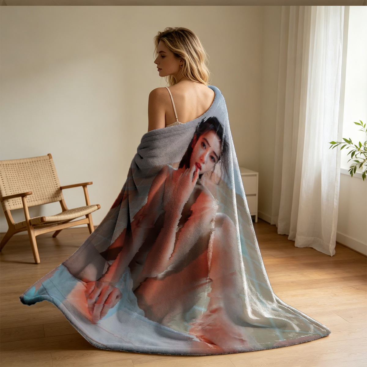 Two Women in Intimate Embrace, One Nude and One in White Lace Lingerie - Blanket