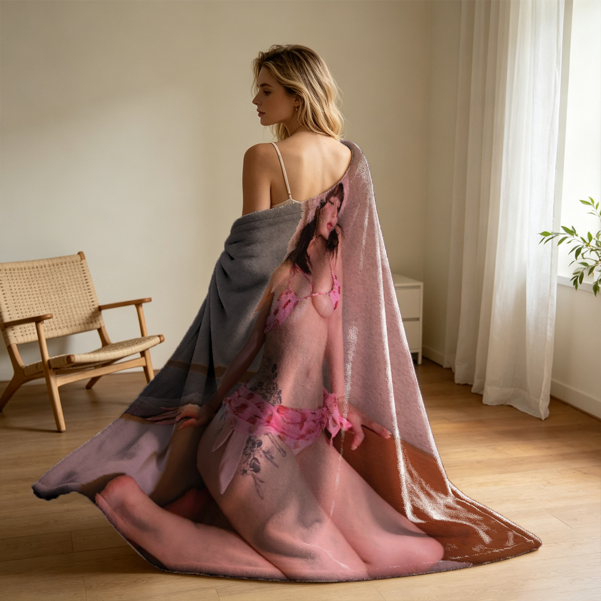 Blonde woman in white lingerie posing in elegant library room - Blanket