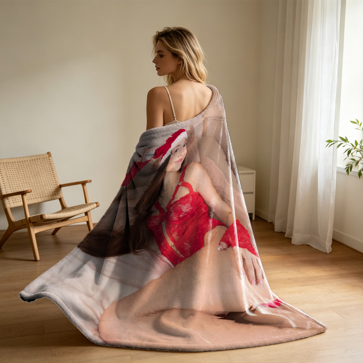 Redhead nude on bed by window - Blanket