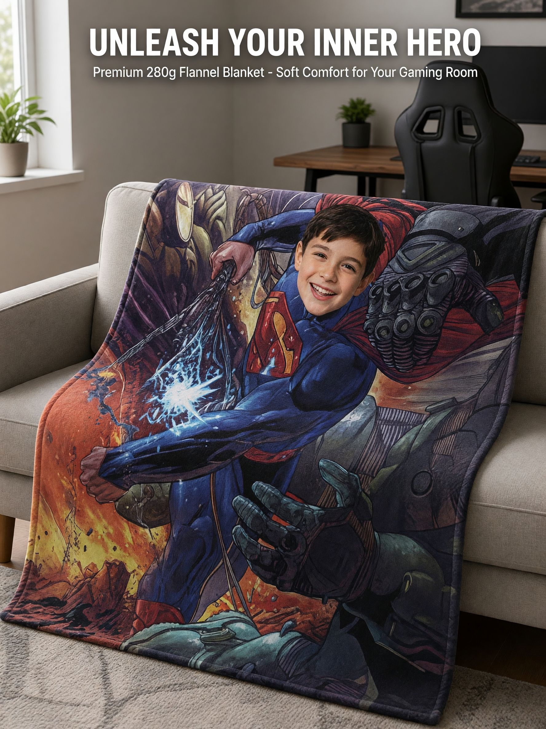 Custom Face Superhero Flannel Blanket, Personalized Comic Picture Plush Throw, Warm Keepsake Gift for Kids & Adults