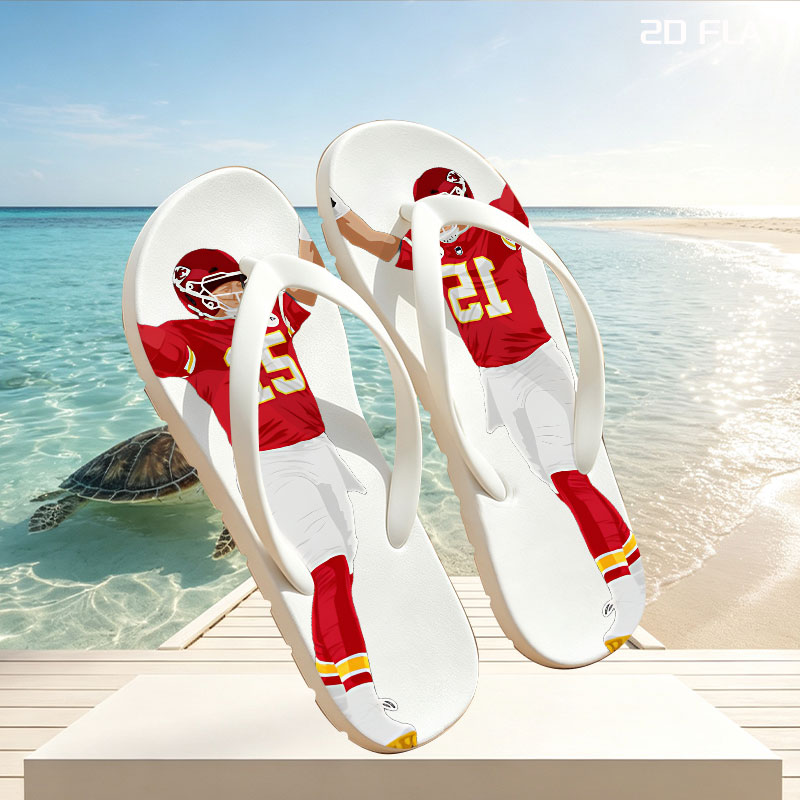 Patrick Mahomes Celebrates in Chiefs Uniform -  flip-flops