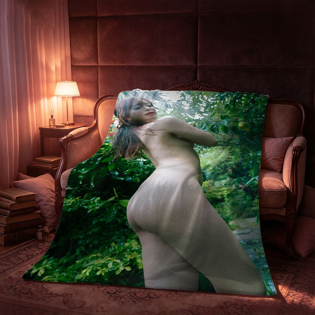 Nude woman posing on sofa in living room. - Blanket