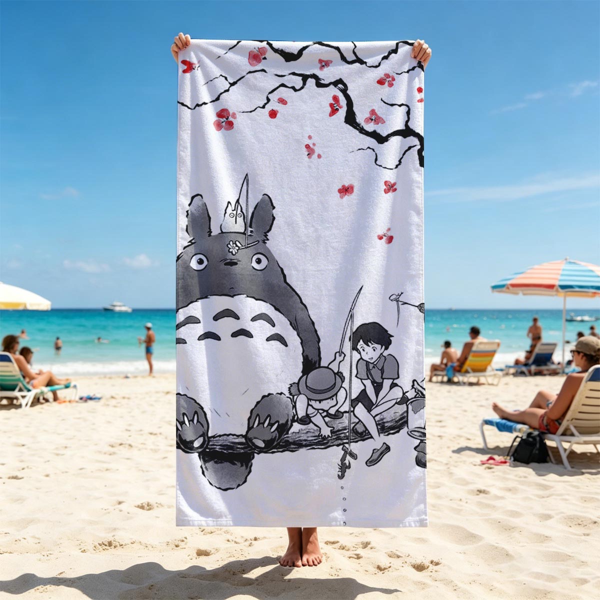 Totoro, Mei, and Satsuki Fishing Under Cherry Blossoms - Beach towels