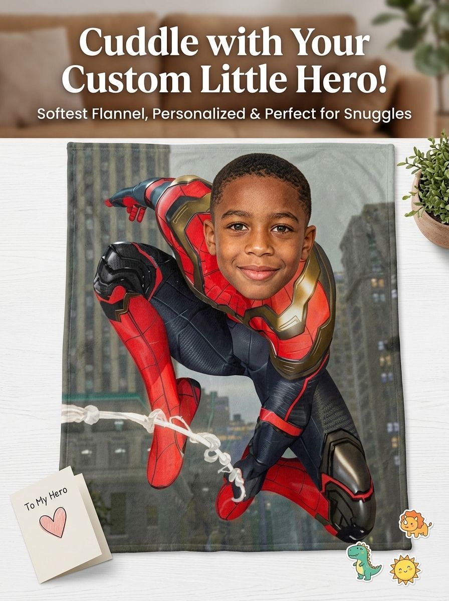 Custom Face Photo Blanket Personalized Superhero Flannel Throw Ultra Soft Fleece Blanket Cozy Gift
