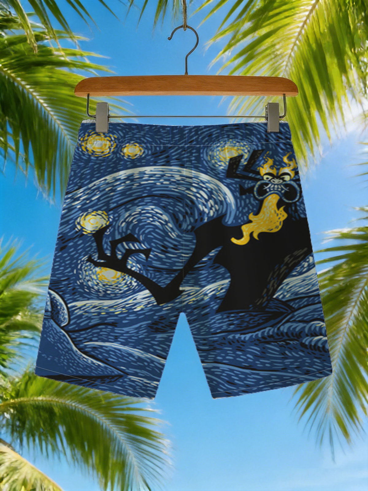 Samurai vs. Fiery Spider in Starry Night Landscape -  Beach shorts