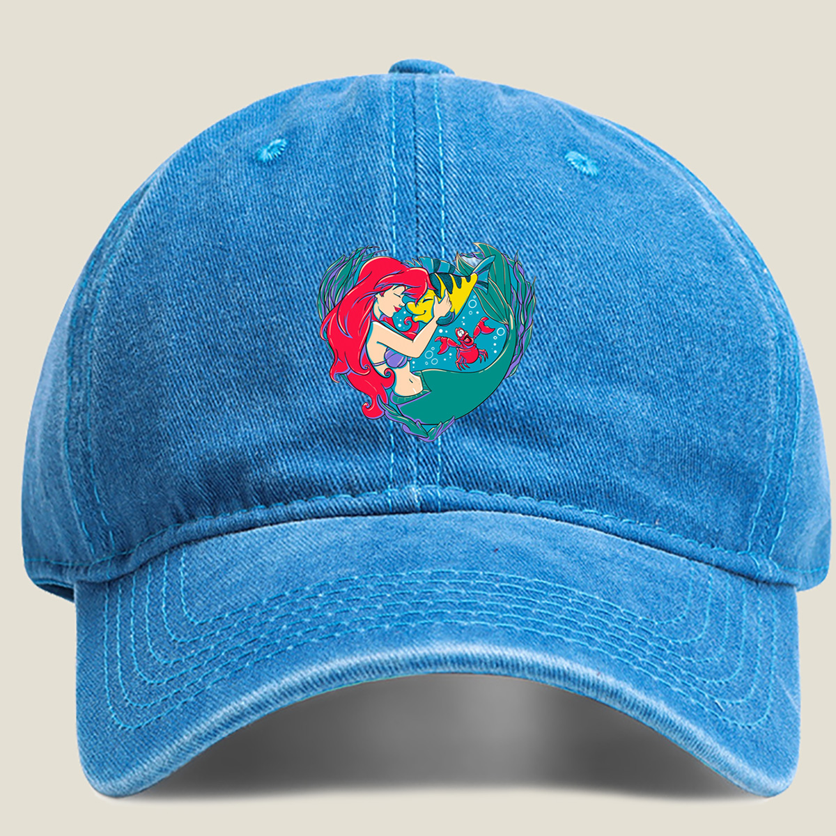 The Little Mermaid: Ariel and Flounder in a Heart Frame - Washed Denim - Baseball Cap