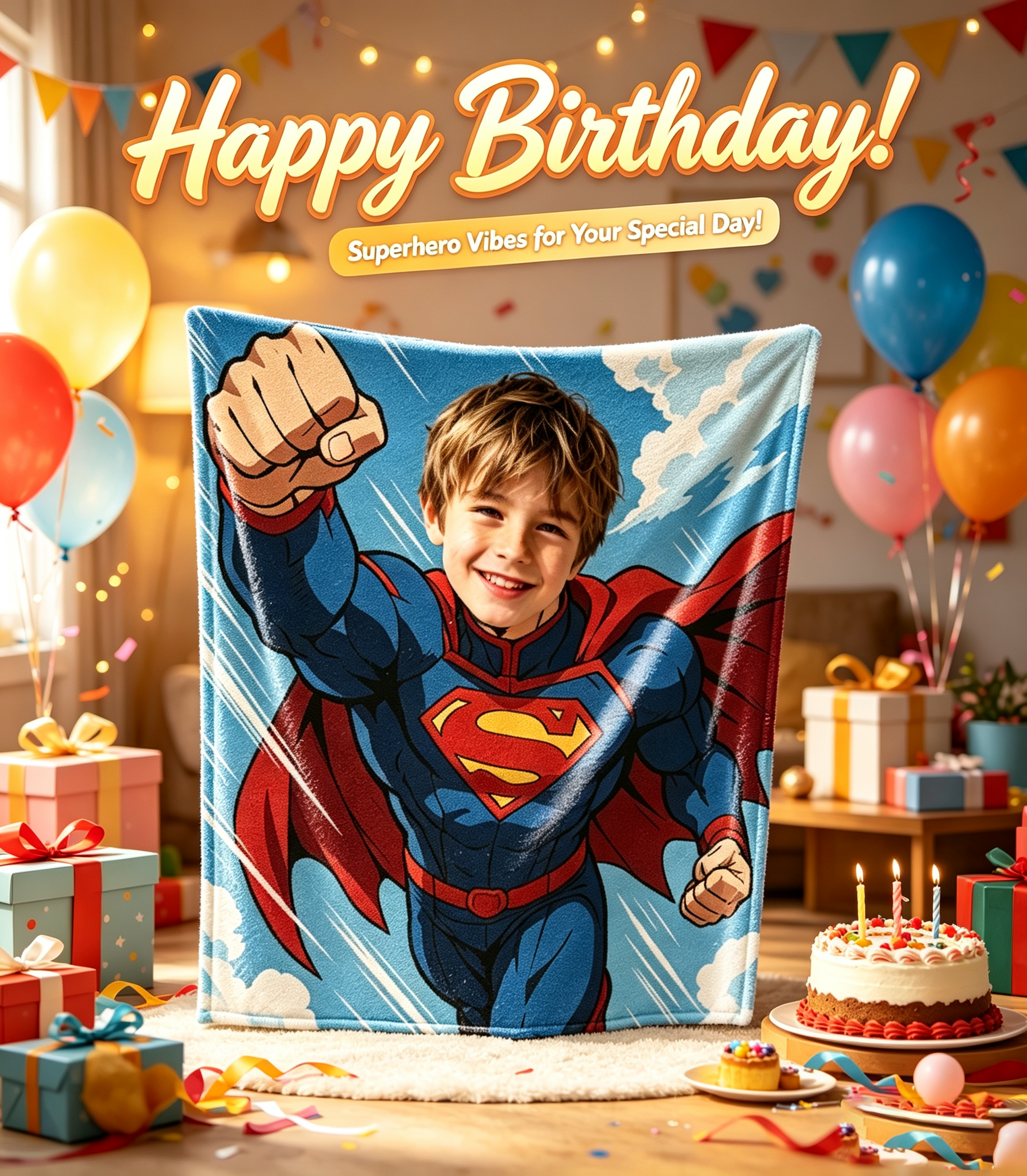 Custom Superman Photo Blanket, Turn Your Boy Into Superman, Personalized Upload Picture Flannel Throw, Unique Kids Birthday Gift