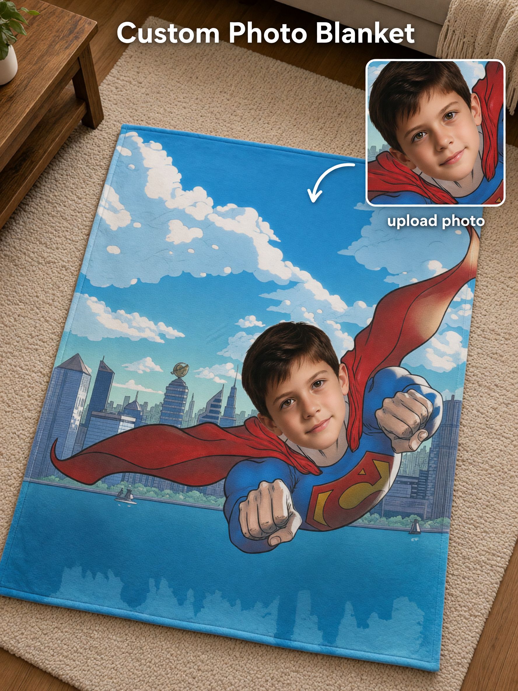 Custom Photo Superhero Flannel Fleece Throw Blanket Personalized Face Portrait Bed Couch Wrap Cozy Gift