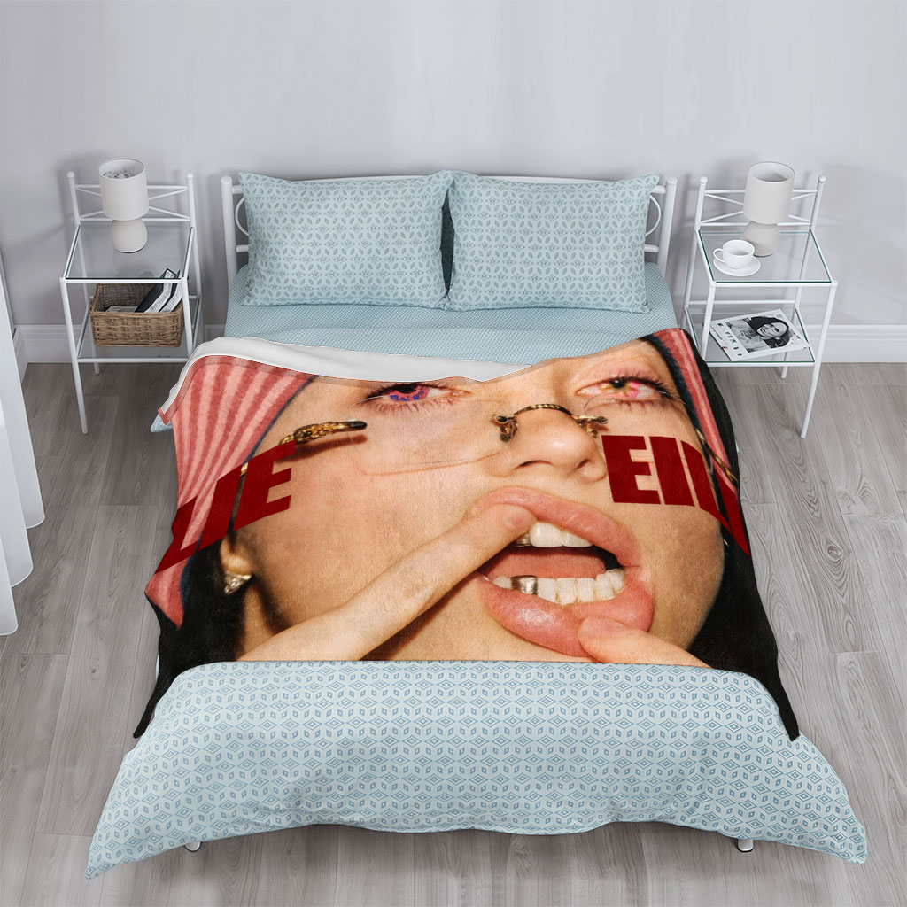 Billie Eilish Close-Up Portrait with Bold Red Text and Striped Beanie - Blankets