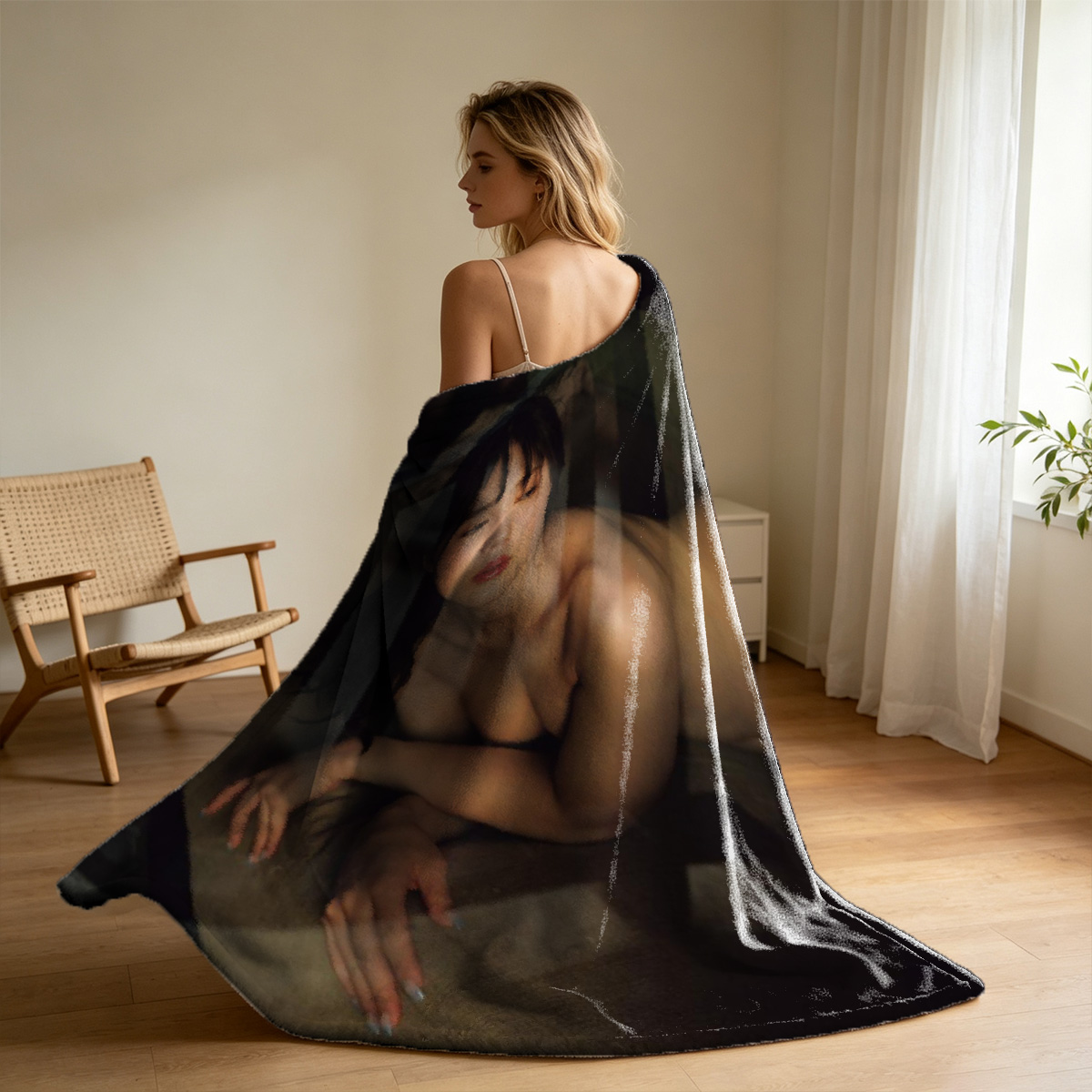 A woman in a pink floral lingerie set posing seductively in front of an ornate mirror. - Blanket