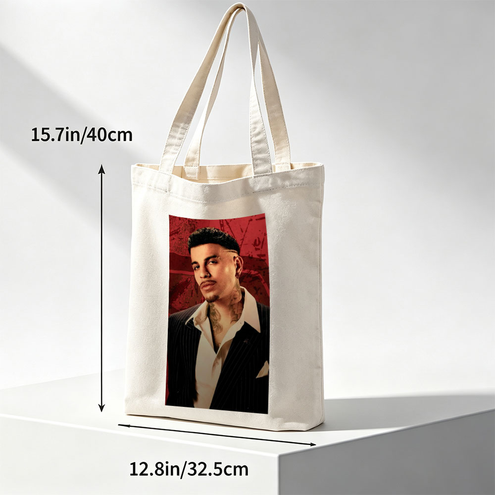 Bad Bunny in a Sharp Suit with Visible Neck Tattoos Against a Red Grunge Background - Canvas tote bags