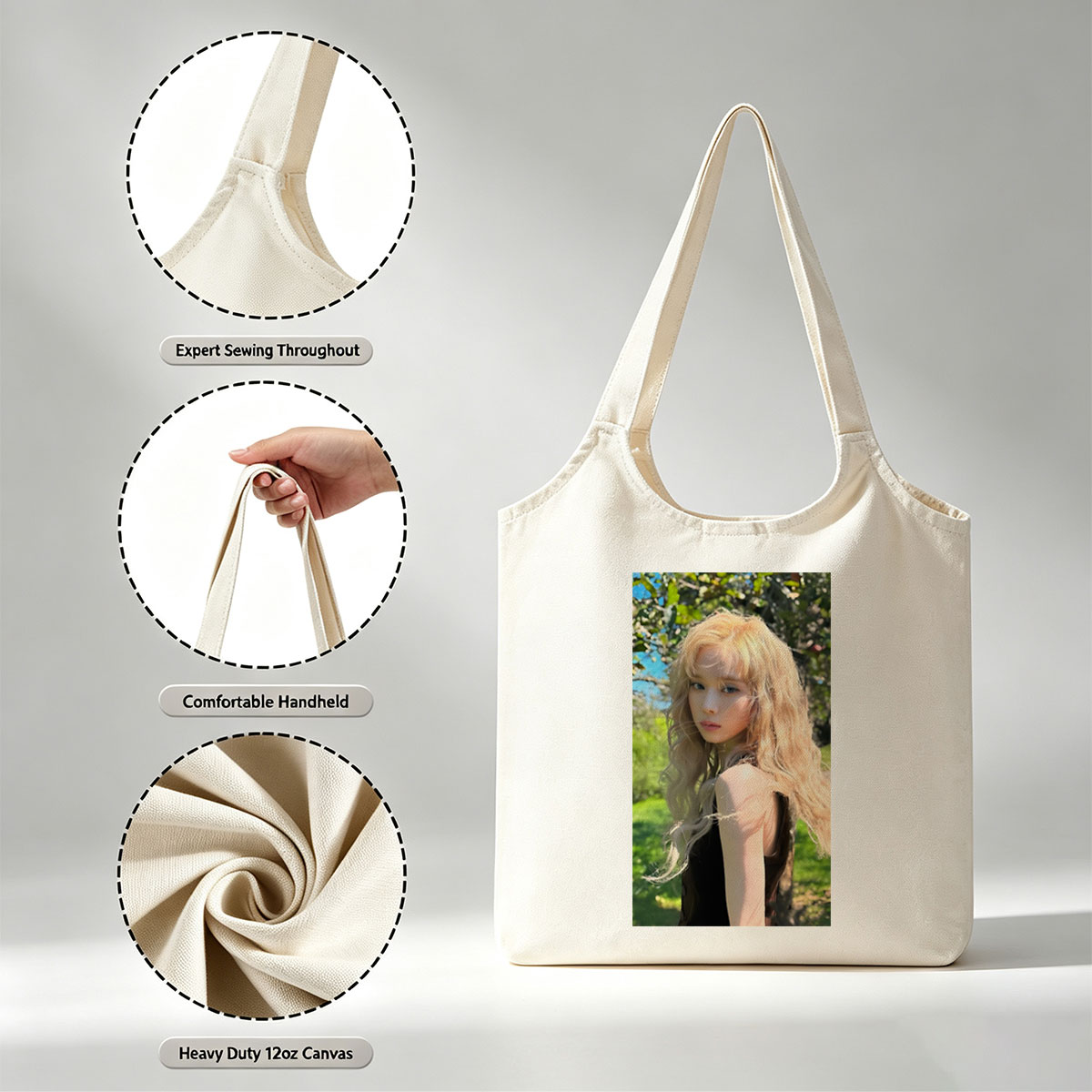 Kim Yoo Jung in a Sunlit Garden with Flowing Blonde Hair and Elegant Black Dress - Canvas shoulder bags/