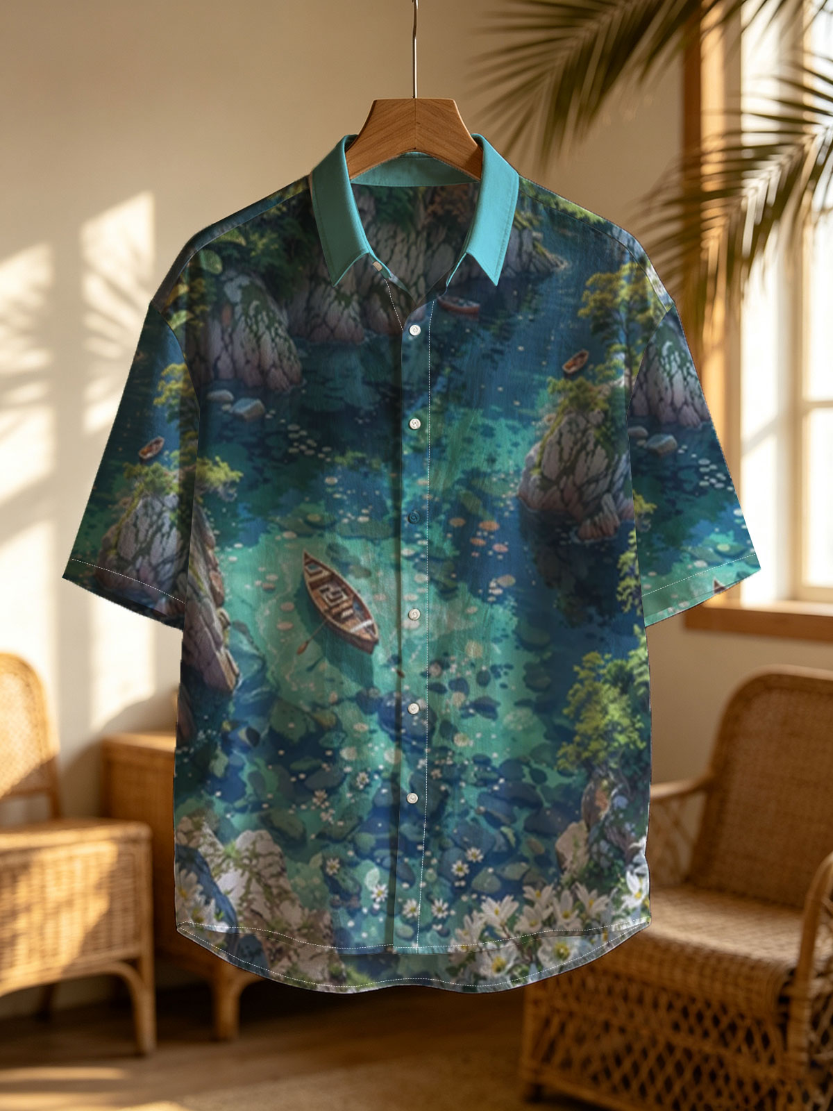 A serene boat floats on crystal-clear waters surrounded by rocky cliffs and blooming flowers. -  Shirt