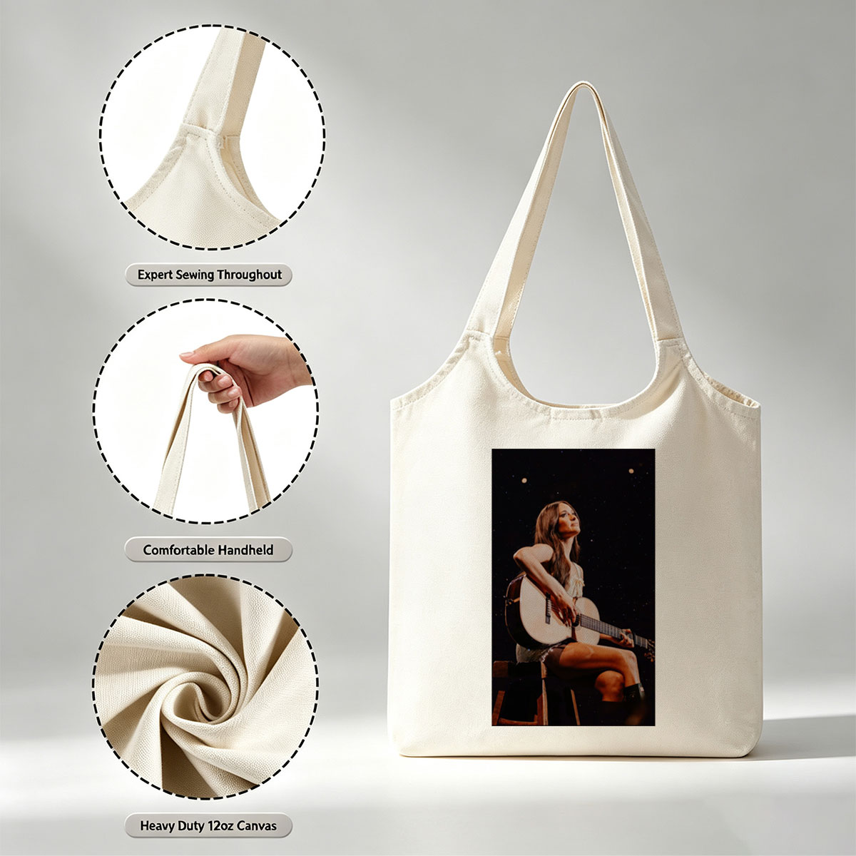 Lana Del Rey Playing Acoustic Guitar on Stage in a Starry Night Setting - Canvas shoulder bags/