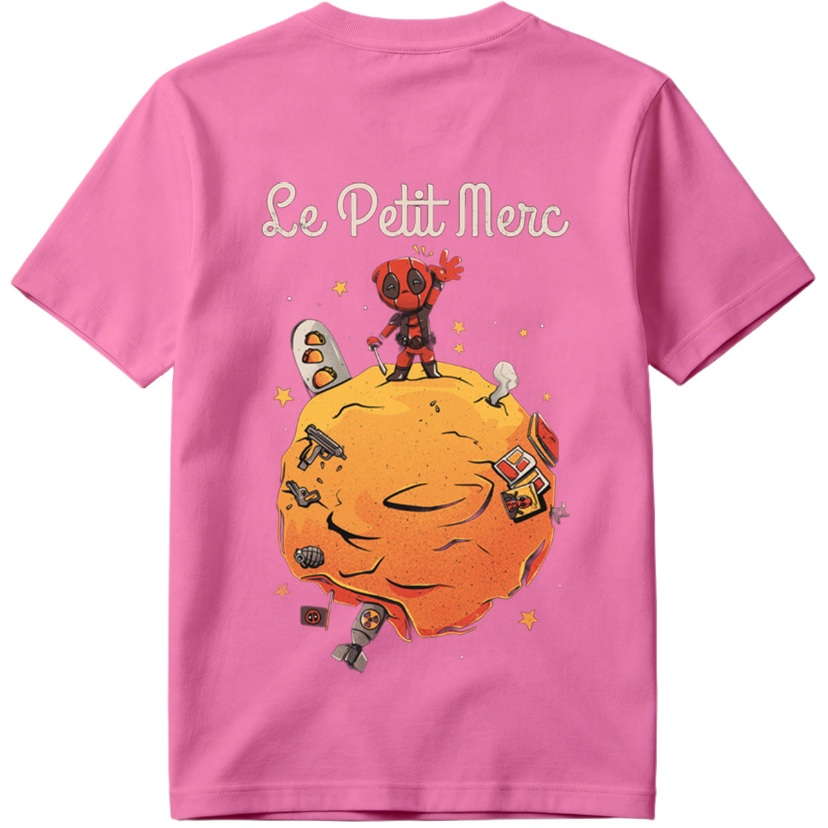Deadpool on a Planet with Weapons and Space Items - Tee