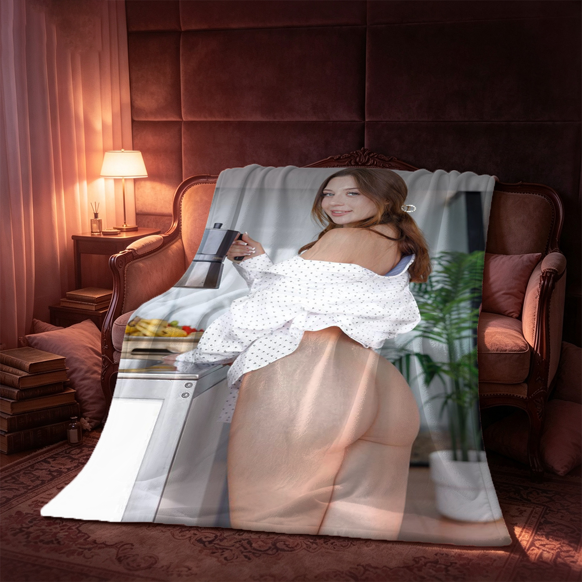 Emma Watson in white stockings and heels, posing nude by a silver chair. - Blanket