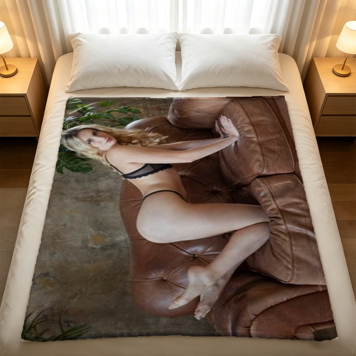 Blonde in black lingerie kneeling by luxury bathtub ocean view. - Blanket