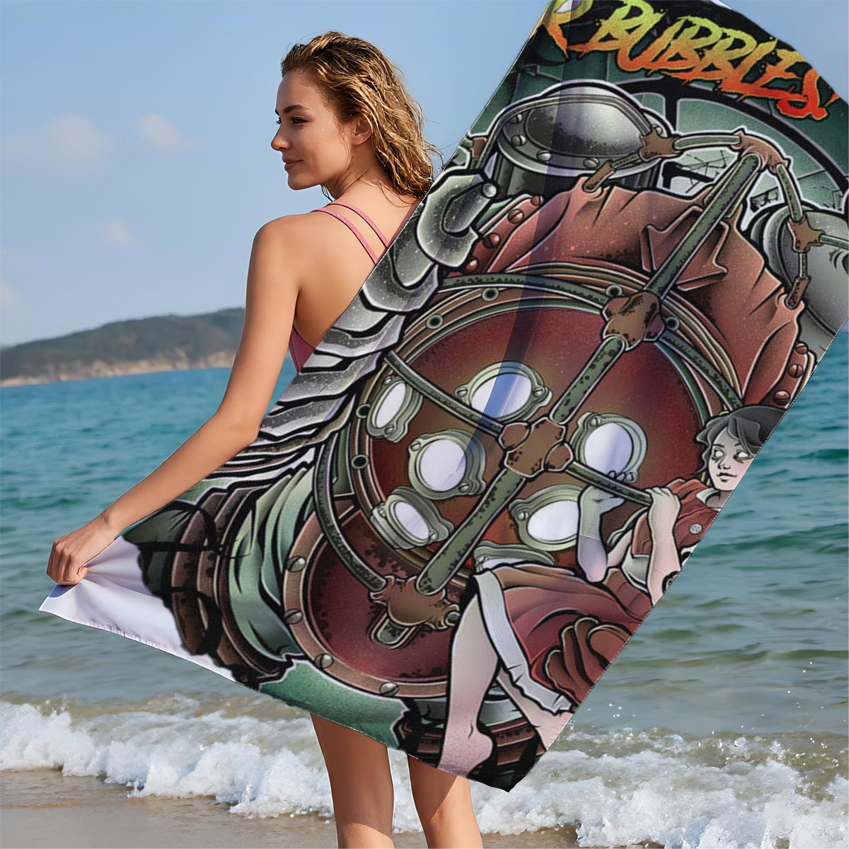 Hello Mr. Bubbles: Steampunk Mechanic and Girl in Red Dress - Beach towels