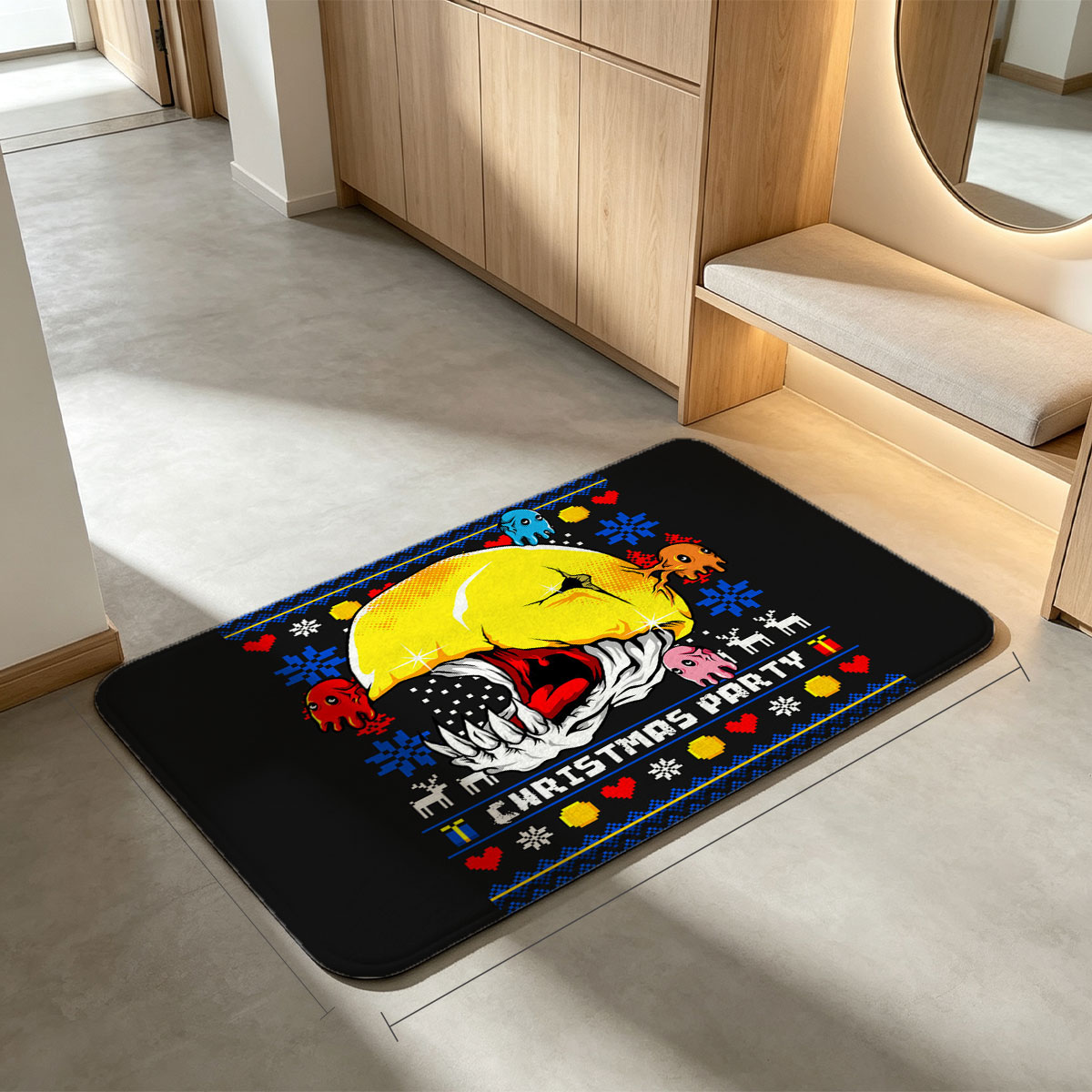 Pac-Man Christmas Party with Ghosts and Holiday Patterns - Flannel floor mat
