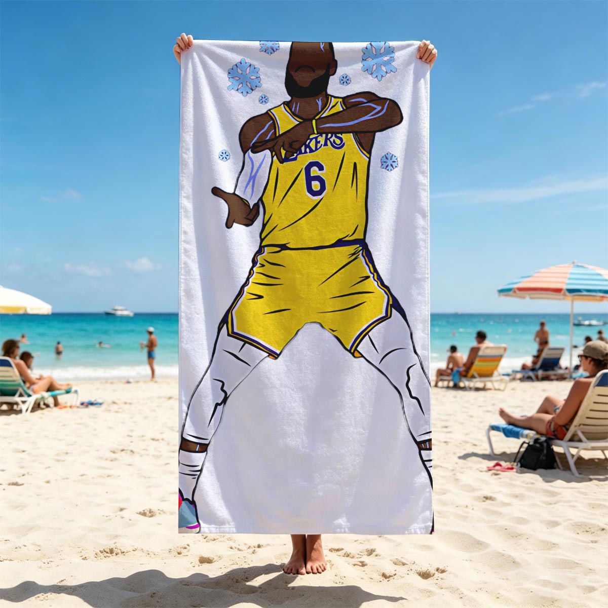 LeBron James in Lakers Jersey Dabbing with Snowflakes - Beach towels