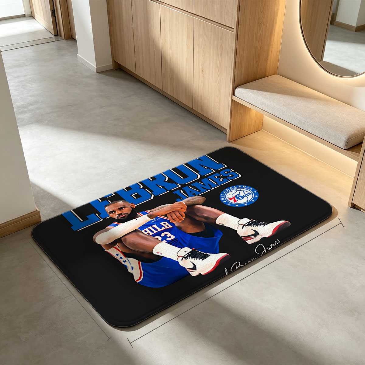 LeBron James in Philadelphia 76ers Jersey, Sitting Pose with Team Logo and Signature - Flannel floor mat