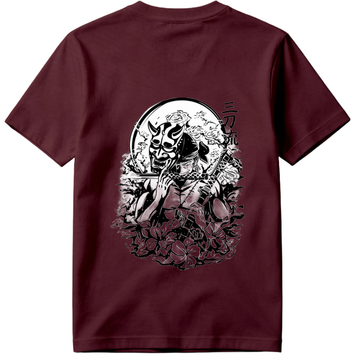 Samurai with Oni Mask and Katana in Floral Scene - Tee