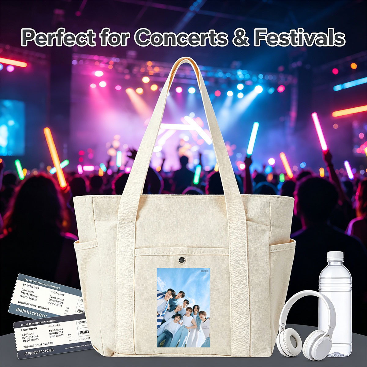 NACIFIC Band Members in Casual Outfits Posed Against a Bright Blue Sky - Multi-pocket bags