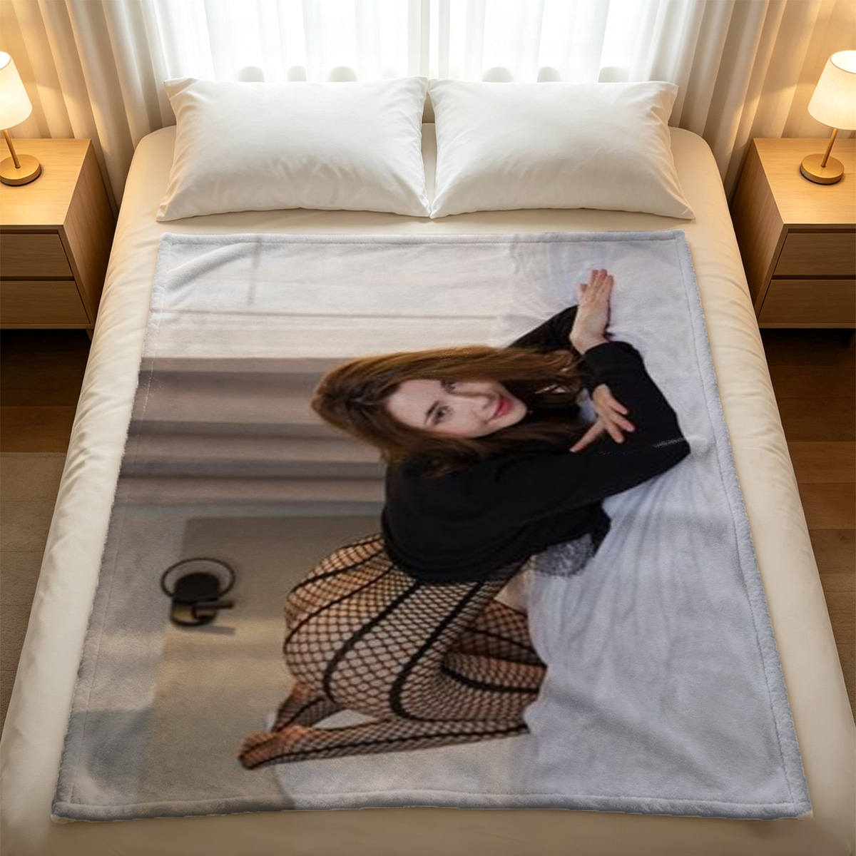 Redhead nude woman posing against mosaic wall. - Blanket