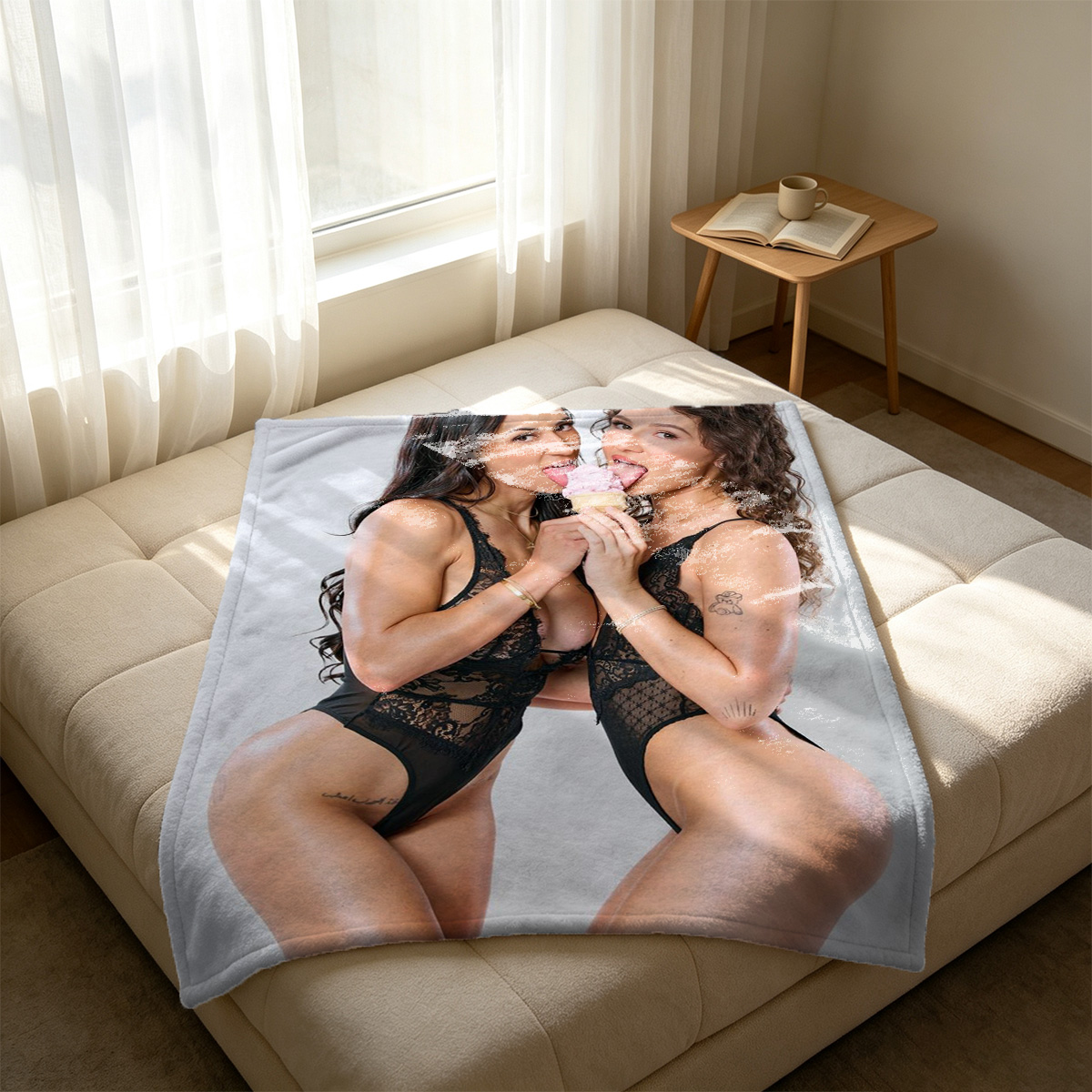 A seductive Asian woman in a pink lace bra and matching thong, white shirt pulled down, black stockings, seated in a black leather chair. - Blanket